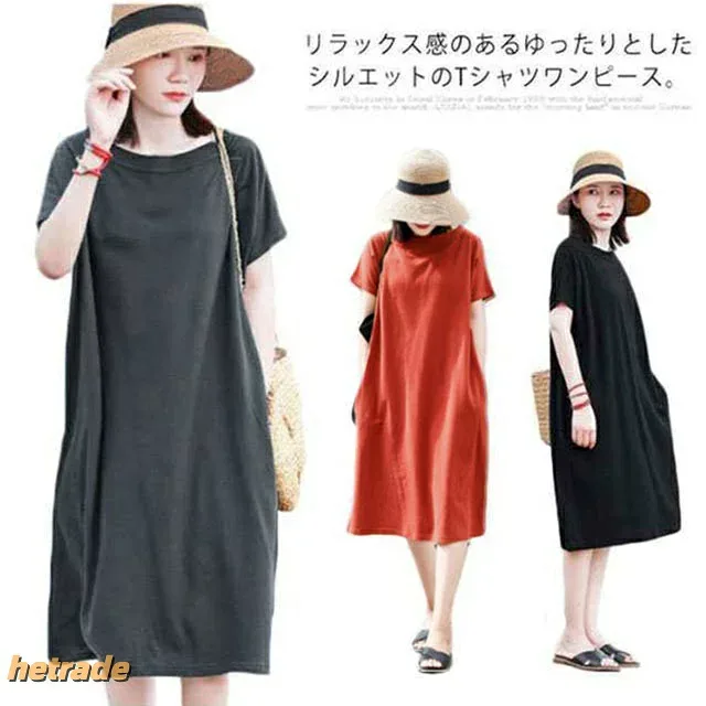 ゆったり Tシャツワンピース ワンピース Tシャツ ロンT ワンピ 半袖 ミモレ丈 クルーネック ロング丈 無地 膝丈 レディース カジュアル デイリー 大きいサイズ 夏 春