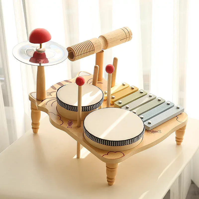 木製知育玩具 打楽器セット ベビー音楽おもちゃ 木琴 太鼓 シンバル 鉄琴 オルフ楽器 モンテッソーリ 教育玩具 手叩き 楽器遊び 感覚刺激 指先訓練 音感育成 早期教育 室内遊び 出産祝い 誕生日プレゼント 幼児向け 安全設計 ナチュラル 木のおもちゃ