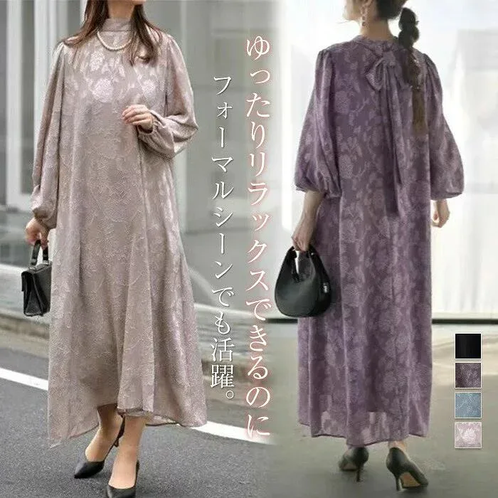 マキシ丈ワ ロング 大きいサイズ きれいめ バックリボン スタンドカラー マキシ丈 長袖 秋 春 レディース ロングワンピース 花柄