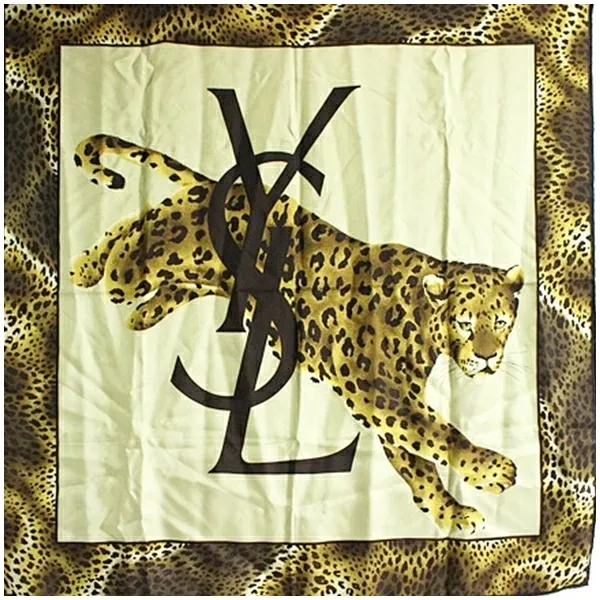 イヴサンローラン シルク スカーフ カーキ×ブラウン レオパード柄 ロゴ 中古 ABランク YVES SAINT LAURENT |レディース 女性 【送料無料】