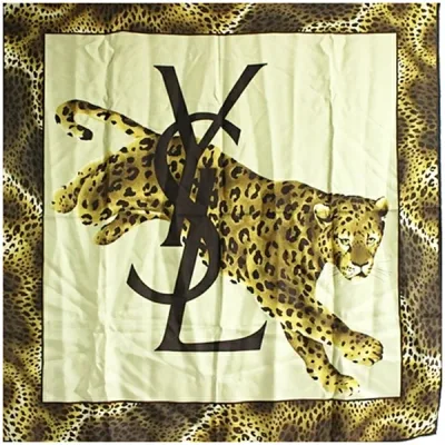 イヴサンローラン シルク スカーフ カーキ×ブラウン レオパード柄 ロゴ 中古 ABランク YVES SAINT LAURENT |レディース 女性 【送料無料】