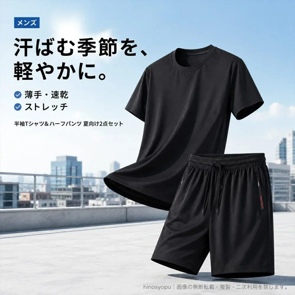 メンズ速乾Tシャツ&ハーフパンツ上下セット 夏用 半袖 薄手 スポーツウェア 2点セット 通気性 ストレッチ ウエスト紐 ジップポケット 大きいサイズ L~9XL 4色