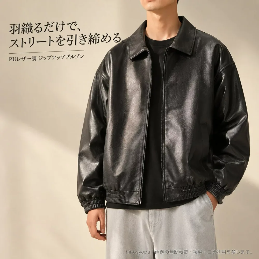 PUレザージャケット ユニセックス 襟付き ジップアップ ブルゾン 長袖 ストリート カジュアル 春秋 アウター ブラック カーキ M~3XL