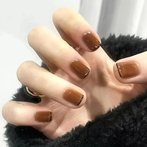 BHIDENAW ネイルチップ ショート 24枚入 人気 和風 かわいい シンプル おしゃれ 成人式 結婚式 パーティー 日常生活に使用できます 花嫁ネイル 光沢 つけ爪 両面テープ ウッドスティック (一目惚れ I1, M)