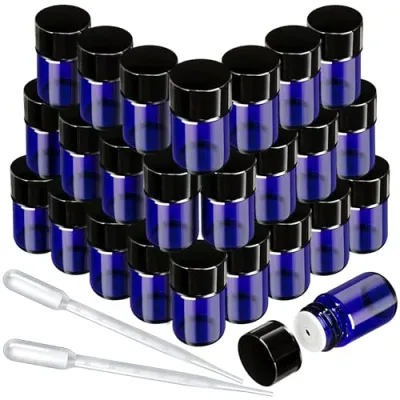 遮光瓶 2ml 精油小分け アロマオイル保存用遮光瓶 25本セット スポイト付け 遮光ビン アロマ保存容器 精油瓶 遮光ガラス瓶 (青色)