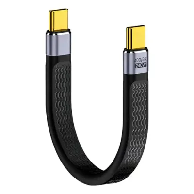USB-C to USB-C短い タイプC ケーブル 40Gbps高速データ転送 13cm ブラック 8K@60Hz PD対応240W 5A 高精細映像対応 平形 短尺ケーブル Thunderbolt 4/3 データ転送