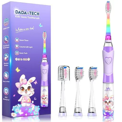 電動歯ブラシ 子供用、2歳から12歳の男の子と女の子向け、レインボーライトと2分間のタイマー、4つのブラシヘッド付き 子ども 電動歯ブラシ (パープル・バニー)