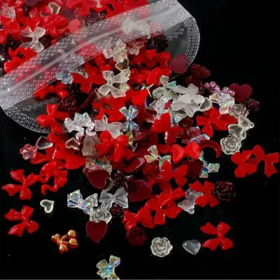 ネイルパーツ リボン ハート 花 約400個 3D 立体 蝶々 クマ ネイルパーツ ストーン パール 可愛い 大きめ ネイルアート ジュエリーパーツ デコパーツ ハンドメイド ランダム形 (レッド)