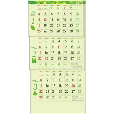 トーダン 2026年 カレンダー 壁掛け グリーン3ヶ月eco(上から順 / ミシン目 / 日付マーカー付) 75 x 35cm TD-30787