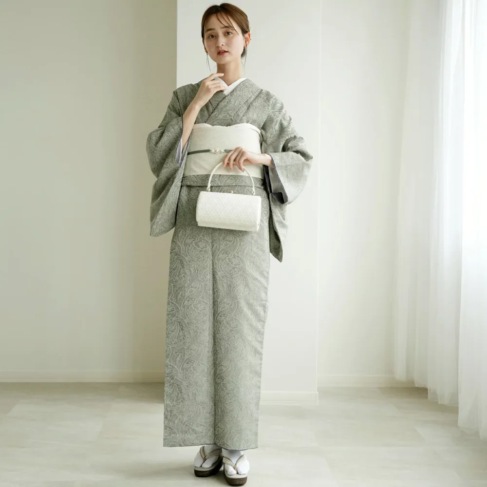 【utatane 日本製 ファブリック着物 更紗ジャガード・ペイズリー グリーン】 着物単品 国産 袷着物 小紋 フリーサイズ レディース 女性 七五三 ママ 母 家族撮影 記念写真 ファミリーフォト 国産生地 春 秋 冬 お洒落着 カジュアル お仕立て上がり