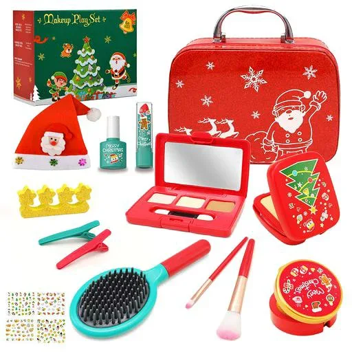 CORPERTOYS メイクセット メイクおもちゃ おままごと クリスマステーマ ステッカー付き サンタの帽子 お化粧ブラシ ドレッサー なりきり 色が付けない 子供 女の子 メイク道具 収納ボックス…