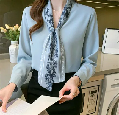 【初秋セール開催中★最大1000円クーポン】 通 大人 長袖トップス リボンネック プリントシャツ シルク風 シフォン オシャレブラウス 春夏秋新作 レディース きれいめ 40代