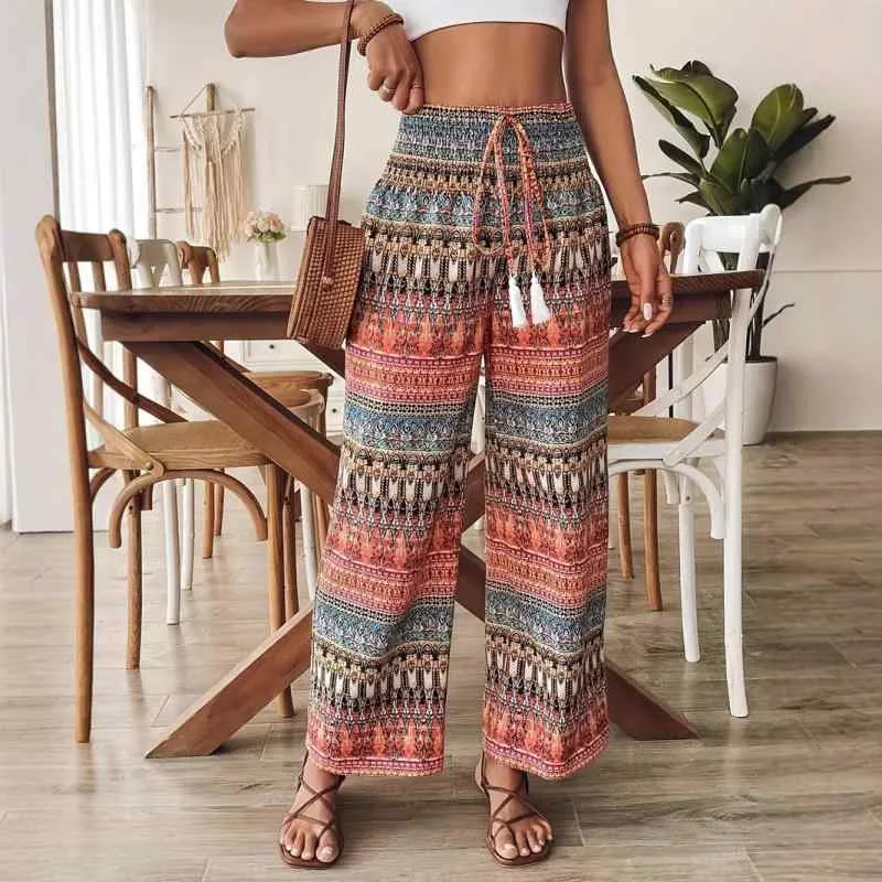 Women's Long Pants Bohemian Floral Print Casual High Waist Elastic Elastic Band Loose Silhouette Daily Use Lightweight Cotton Blend Spring/Summer Bottoms Women's Trousers