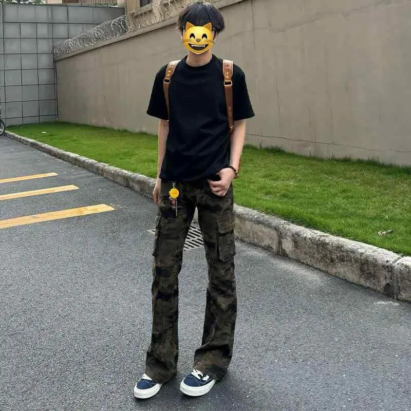 男性用 ジーンズ カモフラ柄 夏用 薄手 デニム ワークパンツ スリムフィット ストレートレッグ 微フレア カジュアル 軽量 吸湿速乾 アウトドア 普段使い