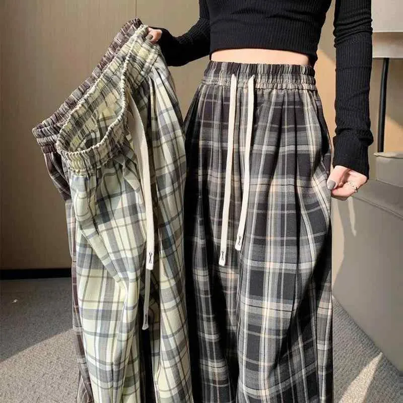 レディース 夏 パンツ レトロ チェック柄 ワイドレッグ ストレート ロング 薄手 カジュアル 普段使い 脚長効果 ゆったり シルエット