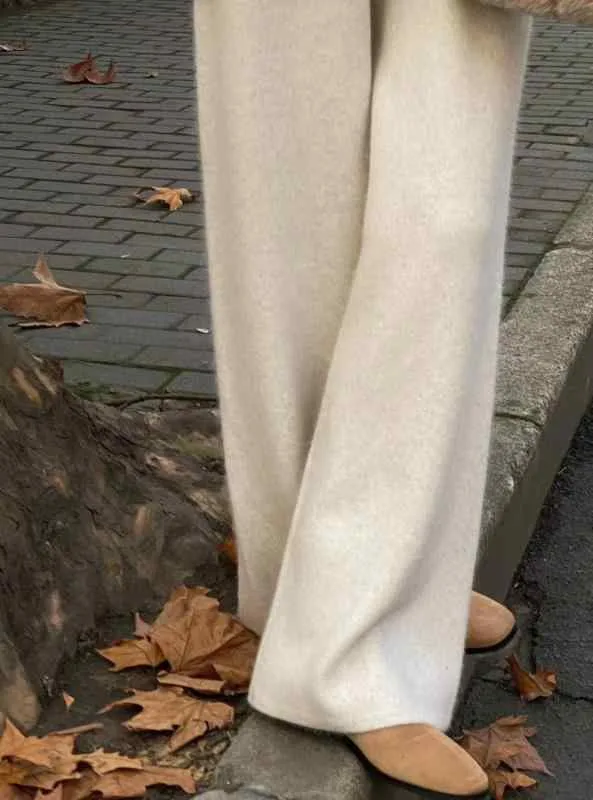 レディース 秋冬 ワイドレッグ パンツ 厚手 ウール ニット ストレート ロング カジュアル 落ち感 ゆったり 暖か 日常使い