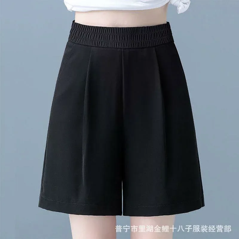 レディース 夏用 接触冷感 ハイウエスト ワイドレッグ ショートパンツ 薄手 カジュアル ドレープ感 スーツ ゴム仕様 ルーズフィット 膝上丈 吸湿速乾 軽量 普段使い ボトムス