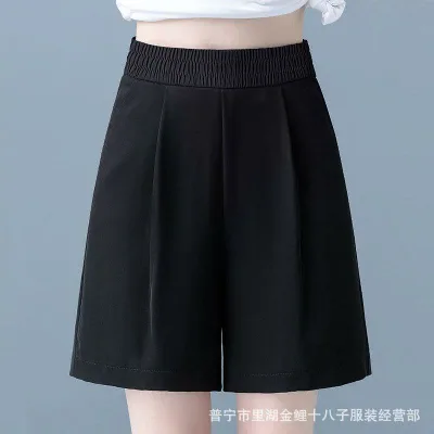 レディース 夏用 接触冷感 ハイウエスト ワイドレッグ ショートパンツ 薄手 カジュアル ドレープ感 スーツ ゴム仕様 ルーズフィット 膝上丈 吸湿速乾 軽量 普段使い ボトムス