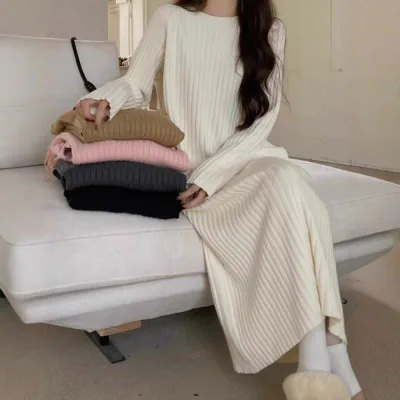ワンピース レディース プラスサイズ ゆったり 中長丈 コート付き 膝下インナースカート 春秋 カジュアル ビッグシルエット 普段使い リラックススタイル ミディ丈