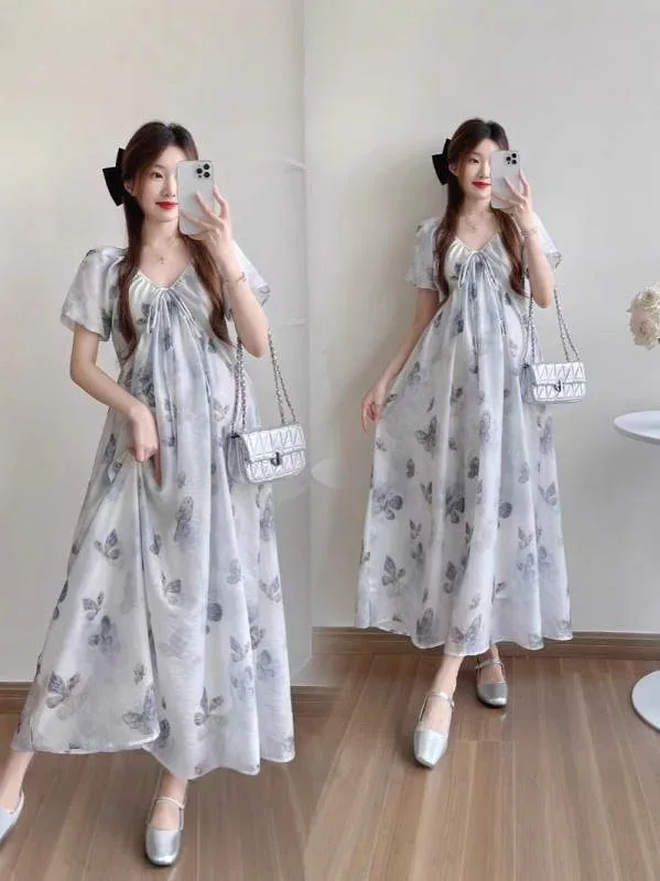 妊婦用 夏 マタニティ ワンピース 一文字肩 Vネック 水墨 蝶柄 かわいい ロングドレス 外出用 ゆったり シルエット 軽量 通気性 プリント デザイン