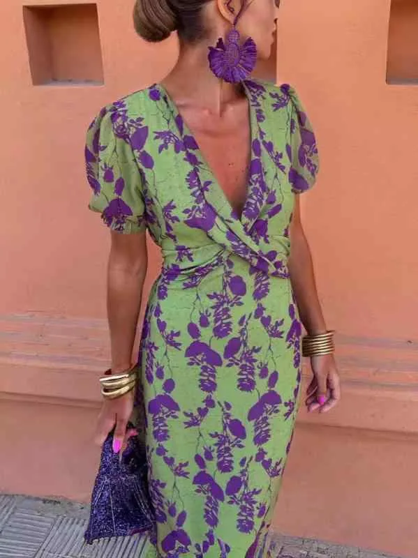 レディース ロングスカート 夏 コントラストカラー 花柄プリント パフスリーブ エレガント スリムフィット 女性ファッション 軽やか 日常使い