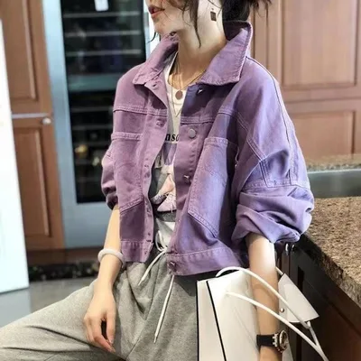 デニムジャケット 女性用 紫 短丈 ゆったり 春秋 カジュアル 学生 小柄対応 普段使い 軽量 コーディネートしやすい フィット