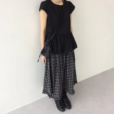レディース スカート ミディ丈 チェック柄 レース縁取り 韓国 レトロ アーティスティック 夏用 普段使い 上品 軽量 涼しい 伸縮性 コットン混 ハイウエスト
