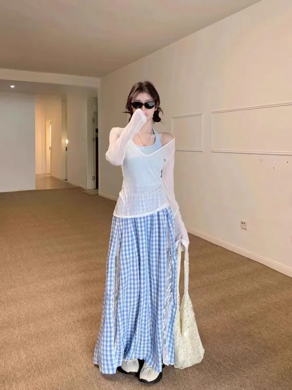 スカート レディース 不規則 レース 切り替え ブルー チェック柄 ハイウエスト 大きめサイズ ぽっちゃり対応 スリム見せ フェミニン Aライン ロング丈 ミディ丈 軽量 伸縮性 普段使い