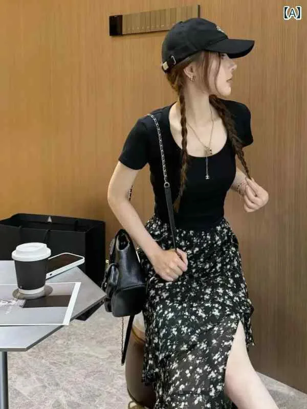 スカート レディース 春夏 フランス風 レトロ フリル スリット 小花柄 アシンメトリー スリム ミドルレングス シフォン 軽量 透け感 フェミニン 普段使い
