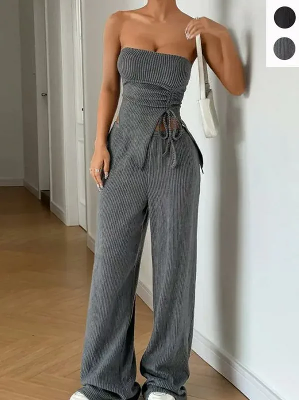 レディース セクシー チューブトップ スリット トップス ストレート パンツ ピンストライプ 柄 2ピース セット 伸縮性 素材 フィット スタイル
