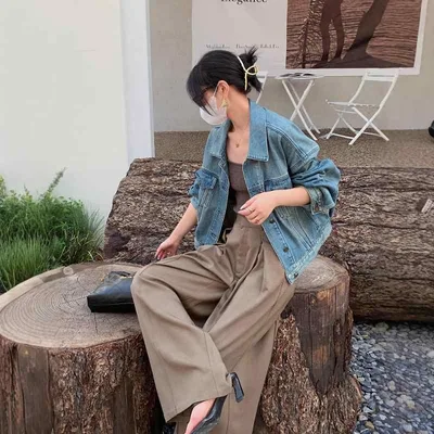 女性用 レトロ 水洗い ブルー デニム ジャケット 春秋 カジュアル コーディネート トップス スタイル