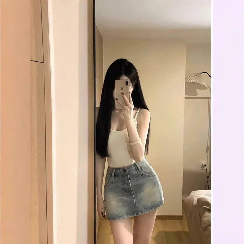 レディース デニム ミニスカート 高腰 Aライン ヒップハグ ヴィンテージ加工 夏用 小柄対応 スリム効果 伸縮性 軽量 普段使い コットン混 ブルー系