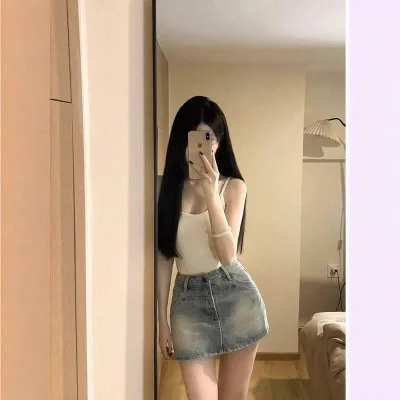 レディース デニム ミニスカート 高腰 Aライン ヒップハグ ヴィンテージ加工 夏用 小柄対応 スリム効果 伸縮性 軽量 普段使い コットン混 ブルー系