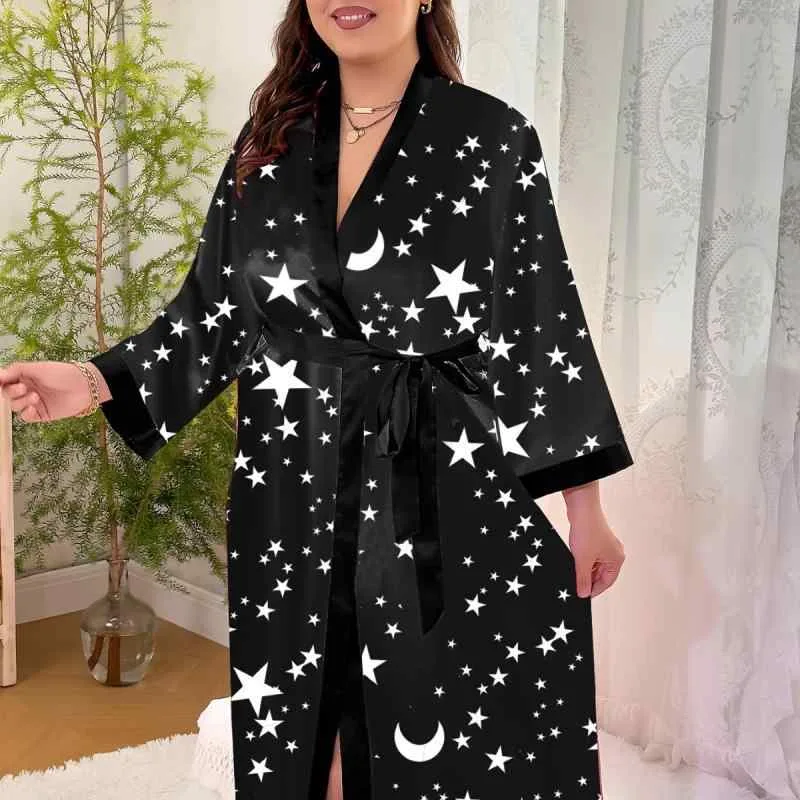 ワンピース レディース 大きいサイズ ゆったり 星月柄 ロング丈 寝間着 ナイトウェア ルームウェア 部屋着 快適体型カバー 着痩せ お腹周りカバー プラスサイズ 柔らか素材 長袖 パジャマ カジュアル ナチュラル 睡眠ウェア ゆったりシルエット リラッ