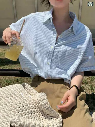 レディース シャツ トップス 夏用の 女性用 ブルーストライプ ショルダー 半袖 シャツ ポロ カラー コットンと リネンの トップス