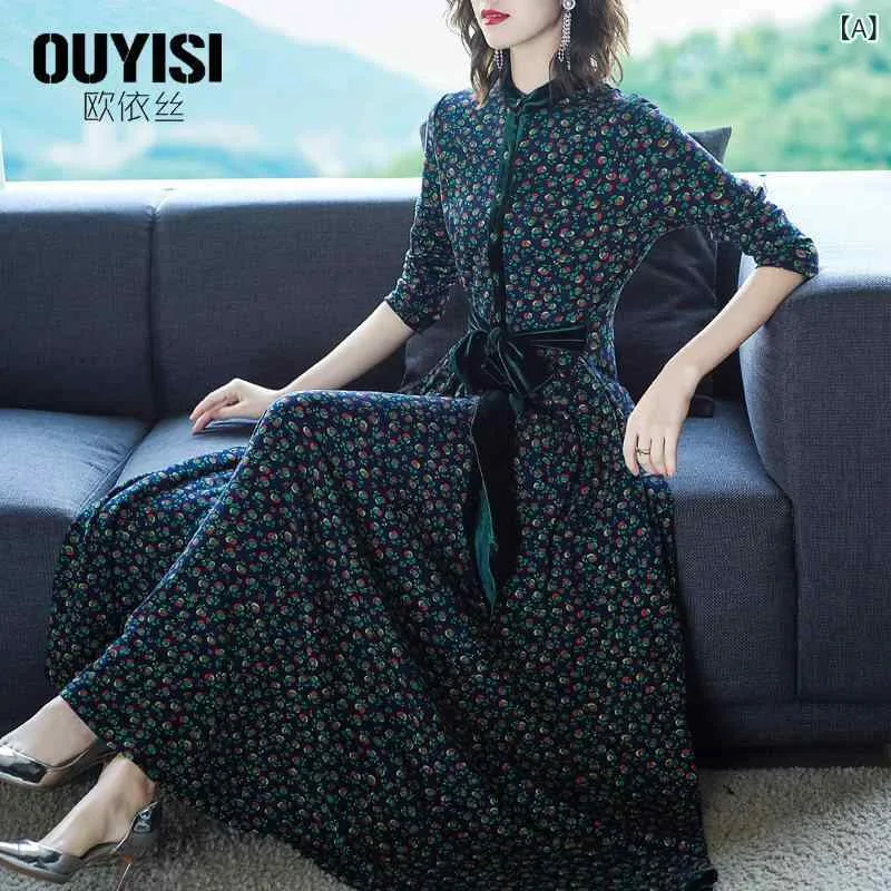 ワンピース シフォンワンピース レディース ロングワンピース シャツワンピース ワンピース シフォンワンピース レディース ロングワンピース シャツワンピース Ouisi 早春 ドレス ベルベット ベルト 長袖 ビッグ スイング ミドル 丈 ス