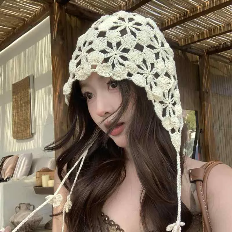 帽子 レディース 夏用 手編み ニット 透かし 花柄 フリンジ かわいい ヘッドラップ 軽量 通気性 コットン混 ビーチ 普段使い