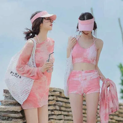 水着 レディース 大きいサイズ ピンク系 体型カバー セパレート 3点セット 長袖ラッシュガード付き 露出控えめ 着痩せ お腹周り 二の腕カバー 紫外線対策 日焼け防止 温泉用 海水浴用 プール ビーチ アウトドア 伸縮性 軽量 吸湿速乾 再生繊維 ソフ