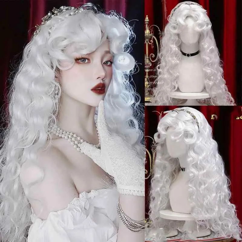 ウィッグ 女性用 ロリータ ロング ふわふわ ボリューム カール ホワイト ウール素材 レトロ スタイル コスプレ ヘア 造型 巻き毛 柔らか 自然な動き 日常使い イベント対応