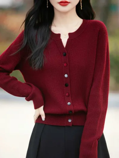 Women's Knit Cardigan Red Spring/Autumn Outerwear Half Open Collar Top Stylish Lightweight Warmth Cotton Blend Material Everyday Use Coordination