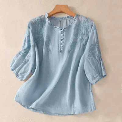 レディース 夏用 刺繍 七分袖 ブラウス 綿麻 無地 大きめサイズ トップス 普段使い 軽量 吸湿速乾