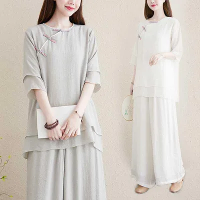 ヨガウェア レディース 上下セット セットアップ 綿麻 カンフー服 禅修服 部屋着 普段着 リラックスウェア 動きやすい 通気性 吸汗 速乾 ナチュラル シンプル 無地 トップス パンツ ゆったり 大きいサイズ 体型カバー 着痩せ お腹周りカバー 自然素