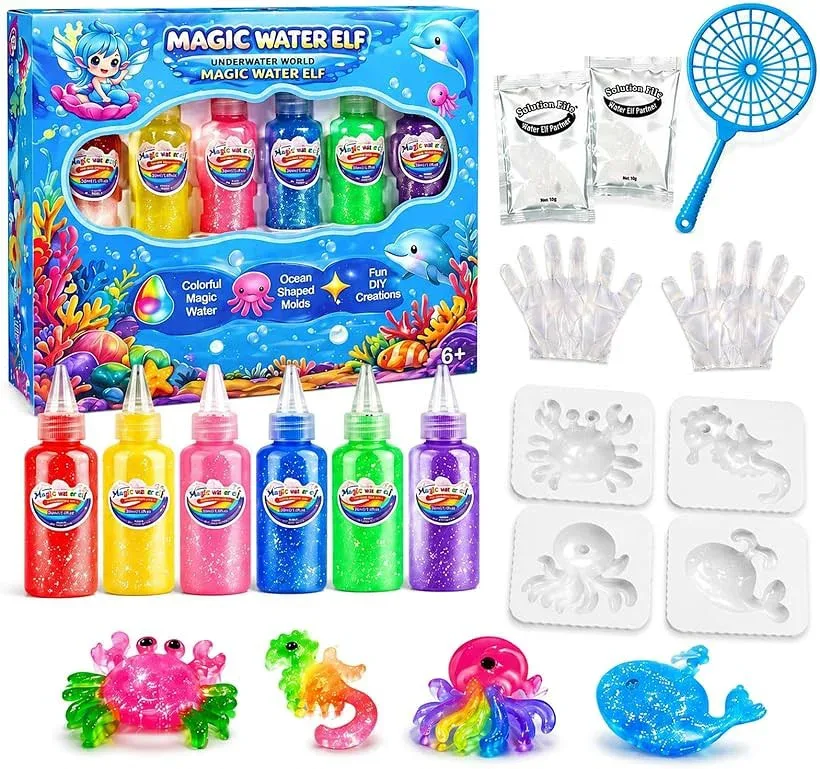 ぷにょぷにょアクアリウムセット お風呂おもちゃ 6色 30ml ラメ入り 4種海の生き物モールド付 Magic Water Elf