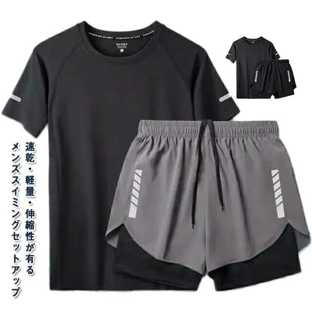 上下セット スポーツ水着 半袖 メンズ パパ セット かっこいい セットアップ 大きいサイズ tシャツ ショートパンツ 大きいサイズ 海パン 半袖 男性用 パパ水着 ラッシュガード ブラック グレー Tシャツ ジム スポーツジム プール 送料無料
