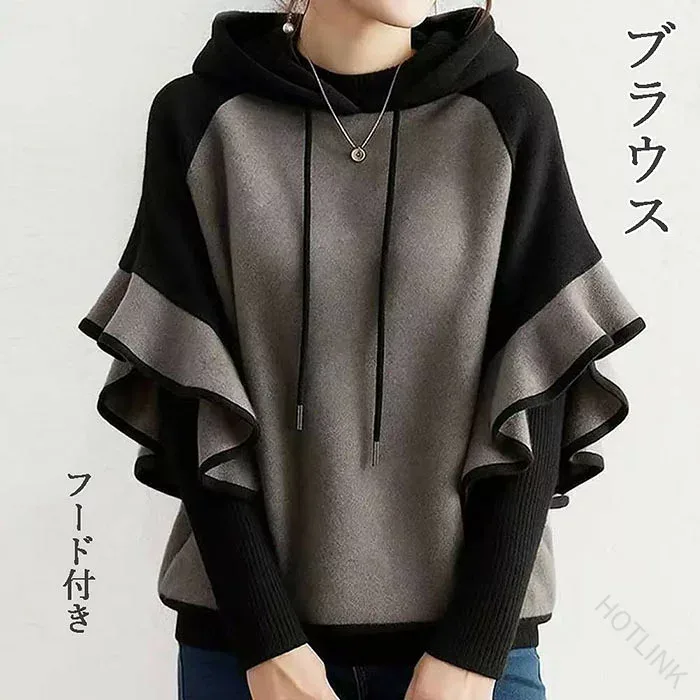 シャツブラウス フード付き 5分袖 トップス レディース カジュアル ブラウス シャツ プルオーバー 切り替え 春秋 大きいサイズ ゆったり 体型カバー インナーを含めず 着回し フードブ