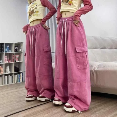 デニムパンツ 男女兼用 春秋 ピンク レトロ アメリカンスタイル ワークパンツ ストレート ワイドレッグ ハイウエスト ゆったり スリム効果 カジュアル ジーンズ 普段使い デニム素材 軽量 伸縮性