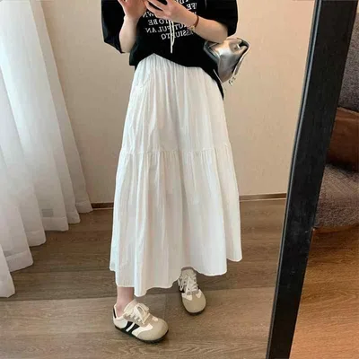 スカート 女性用 ホワイト ティアードスカート ポケット付き ハイウエスト ミディ丈 Aライン フレアスカート スリム効果 上品 ベーシック 春秋 普段使い 軽量 伸縮性