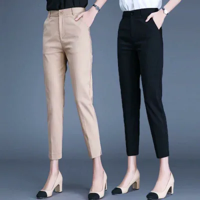 レディース ハイウエスト 9分丈 細身パンツ スリムレッグ シガレットパンツ ブラック オフィス 通勤用 ビジネス ストレッチ 軽量 吸湿速乾