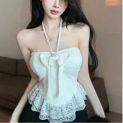 レディース レース チューブトップ 胸パッド 付き ハルターネック 美背 セクシー スタイル 伸縮 素材 軽量 普段使い ベーシック トップス