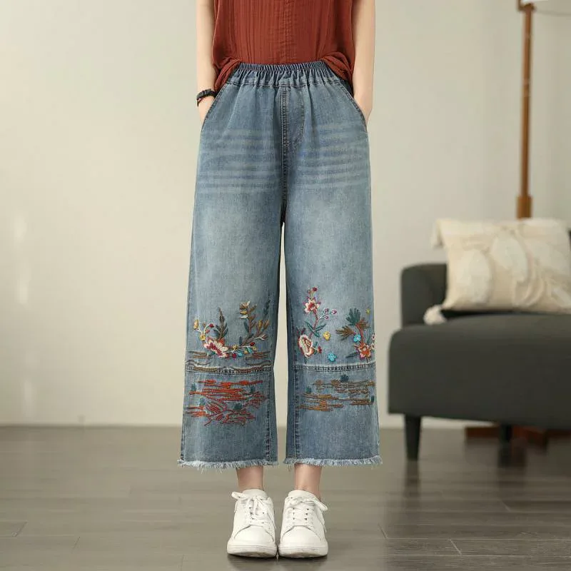 デニムパンツ 春 国風 刺繍 毛縁 ゆったり ストレート カジュアル 普段使い デニム素材 女性用 軽量 伸縮性x2